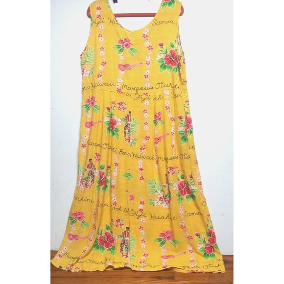 Jams World Janice Dress Long Maxi XXL Hawaiian Tropical Toile Pockets Yellow HTF - Picture 15 of 15